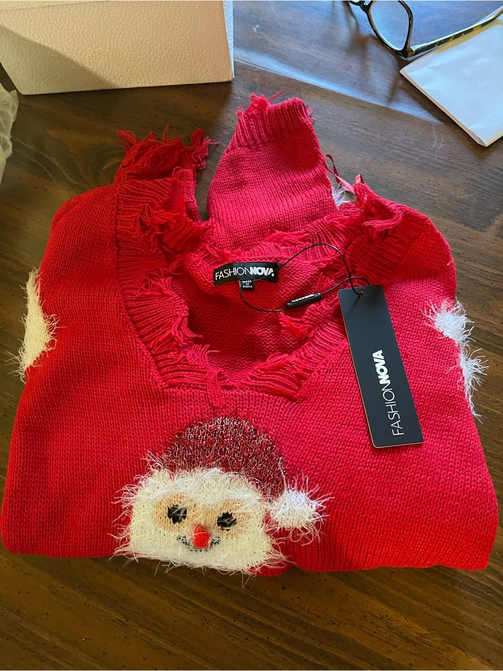 Fashion Nova Red Women's V-Neck Santa Accent Sweater